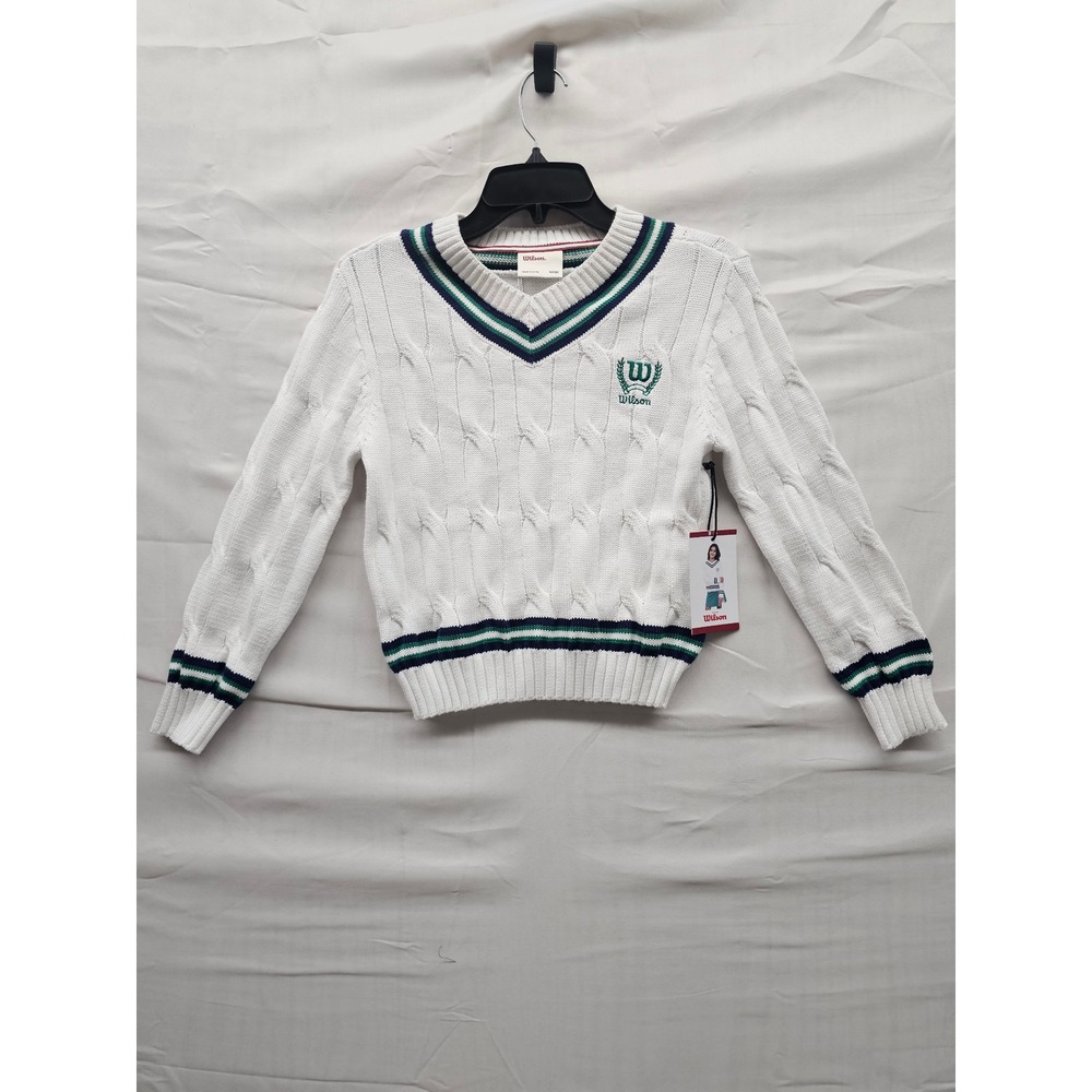 Wilson Boys White Cable Knit V-Neck Sweater Green Navy Striped Trim Size M 8